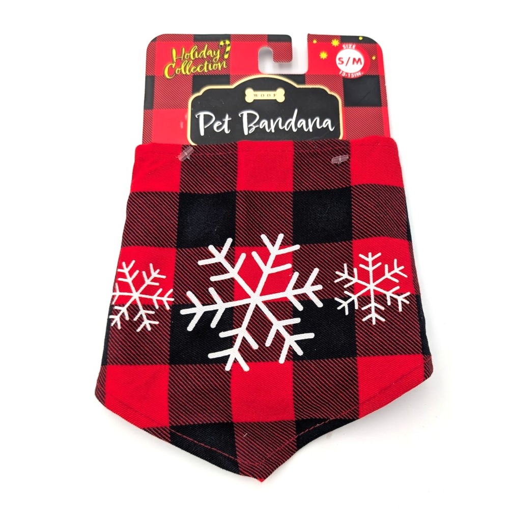 WOOF Pet Bandana S/M Red Black Buffalo Plaid snowflake Dog Cat Scarf Christmas